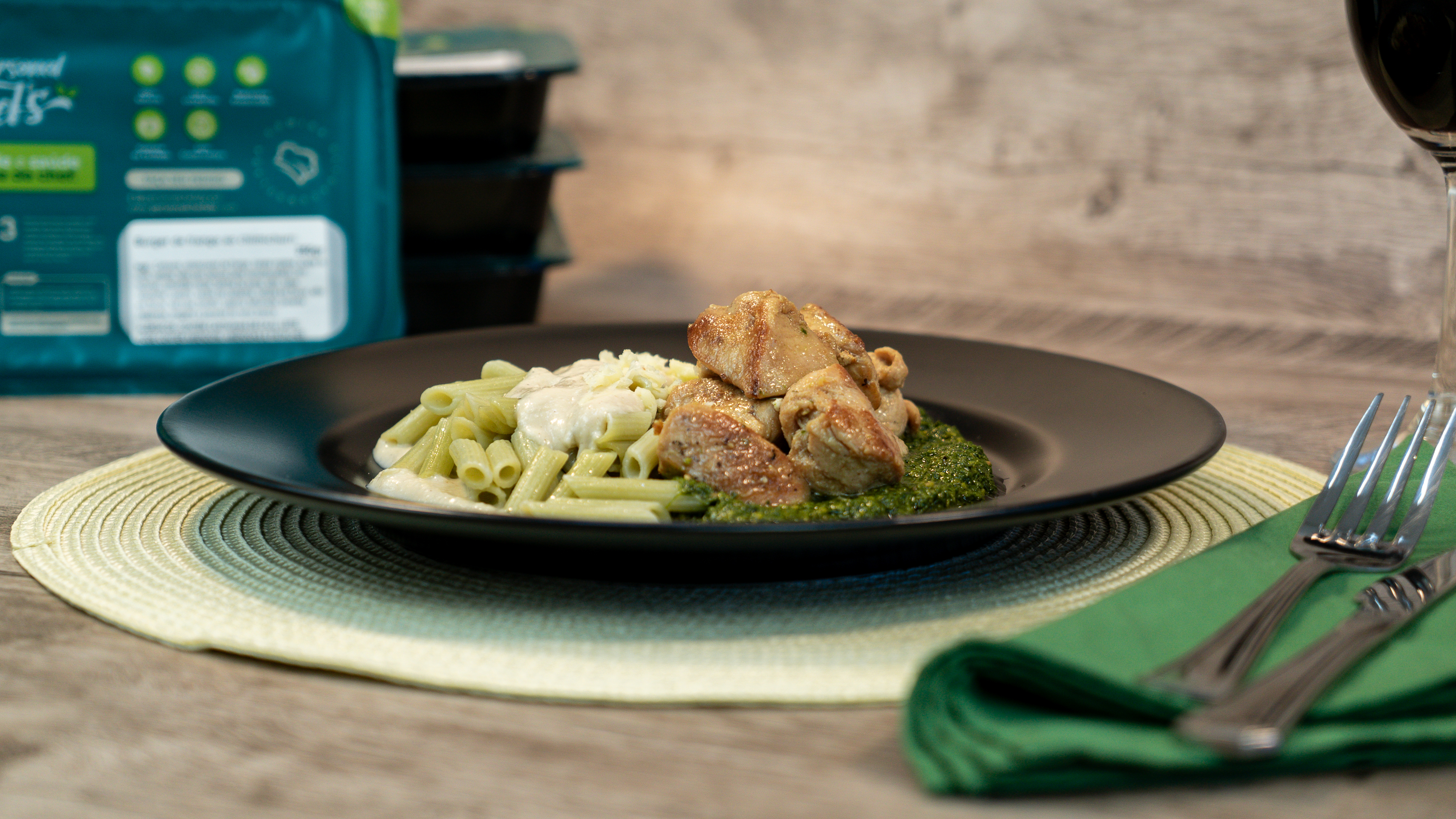 Marmita com frango, molho pesto de r&uacute;cula, penne e molho tr&ecirc;s queijos