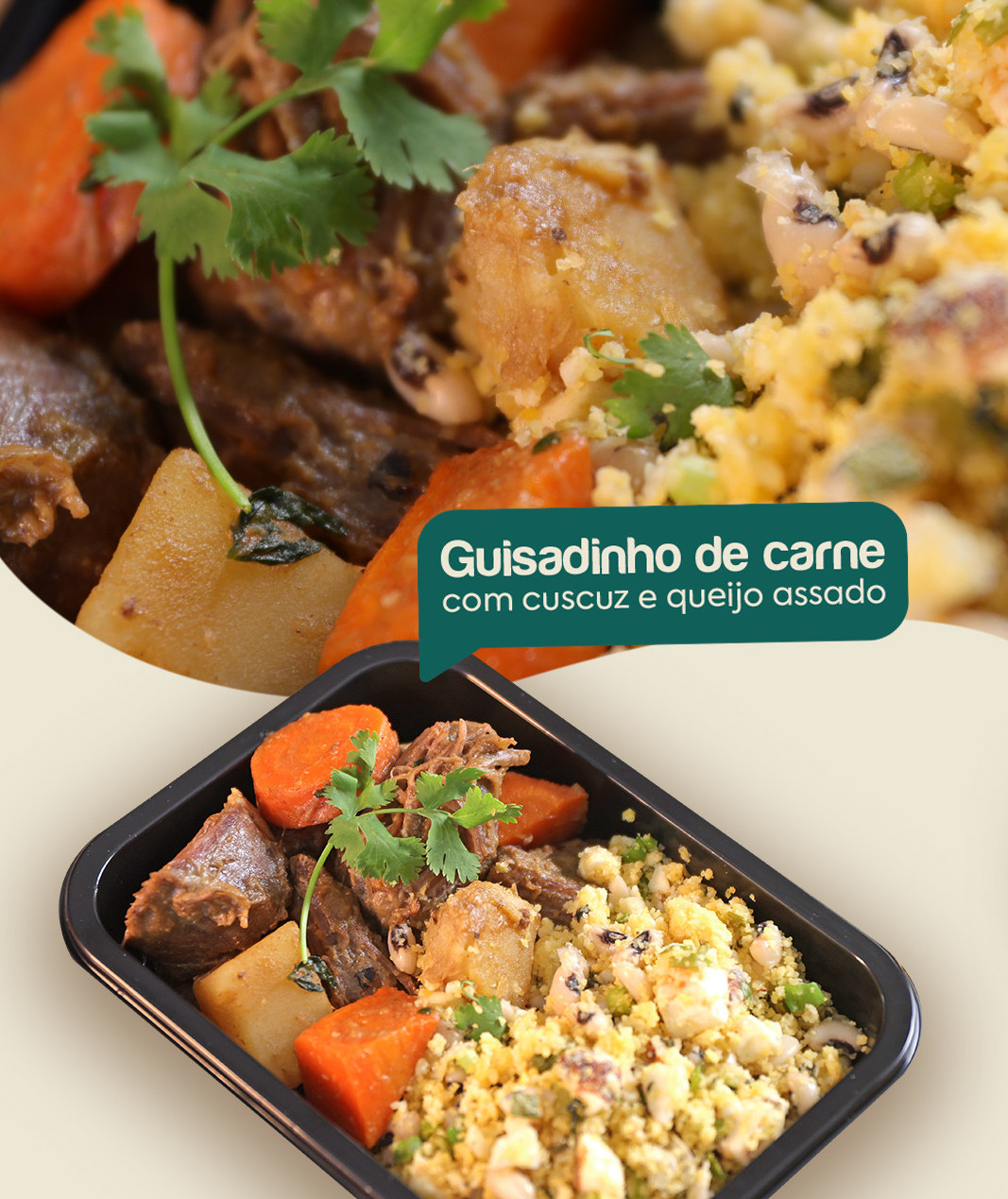 Guisadinho de carne com cuscuz e queijo assado