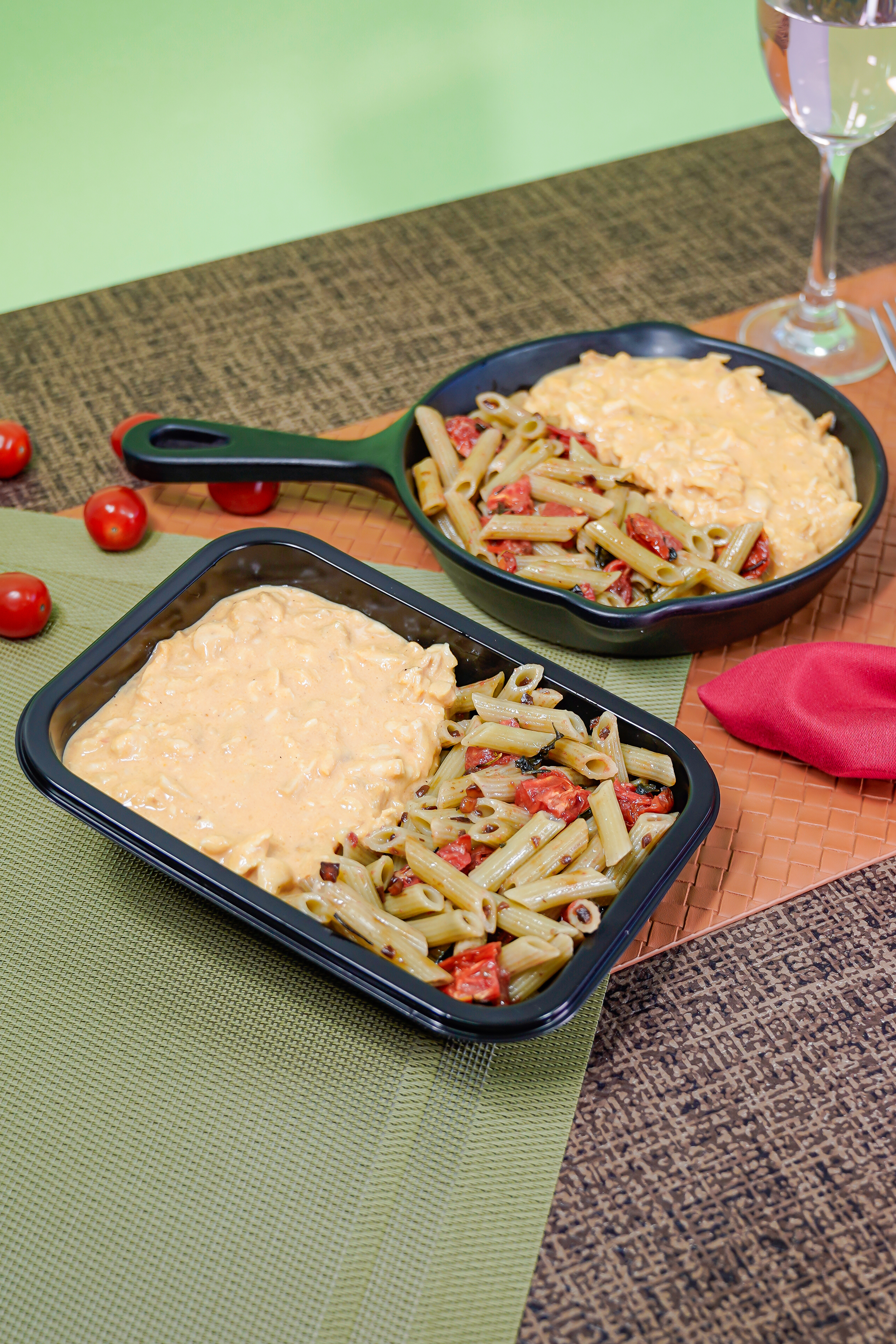 Fricass&eacute; de frango com penne ao alho e tomate seco